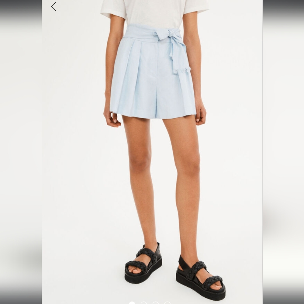 High-Waist Pleated Tie-Belt Shorts in Light Blue